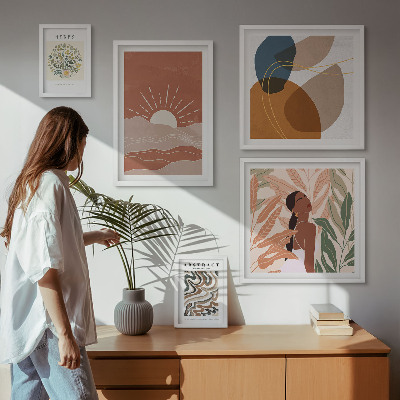 Conjunto de 5 quadros com moldura Motivos abstratos de plantas em estilo boho