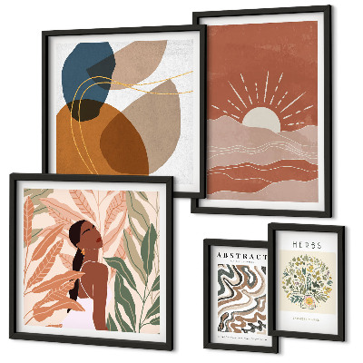Conjunto de 5 quadros com moldura Motivos abstratos de plantas em estilo boho