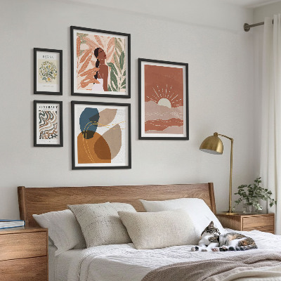 Conjunto de 5 quadros com moldura Motivos abstratos de plantas em estilo boho