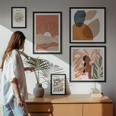 Conjunto de 5 quadros com moldura Motivos abstratos de plantas em estilo boho