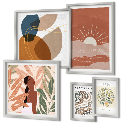 Conjunto de 5 quadros com moldura Motivos abstratos de plantas em estilo boho