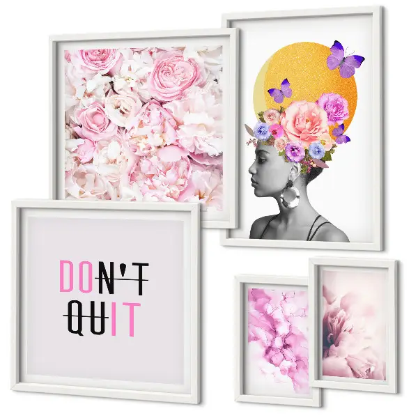 Conjunto de 5 quadros decorativos com motivos florais e figura feminina