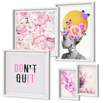 Conjunto de 5 quadros decorativos com motivos florais e figura feminina
