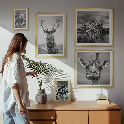 Galeria de parede animais em preto e branco com temática de natureza