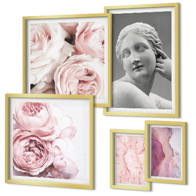 Conjunto de 5 quadros decorativos esculturas florais clássicas