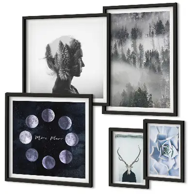 Conjunto de 5 quadros com moldura com motivos de floresta natural espacial