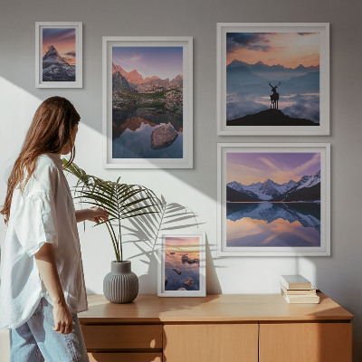 Galeria de parede reflexos do pôr do sol na montanha