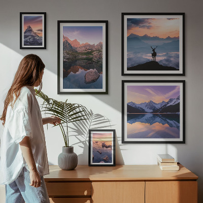 Galeria de parede reflexos do pôr do sol na montanha