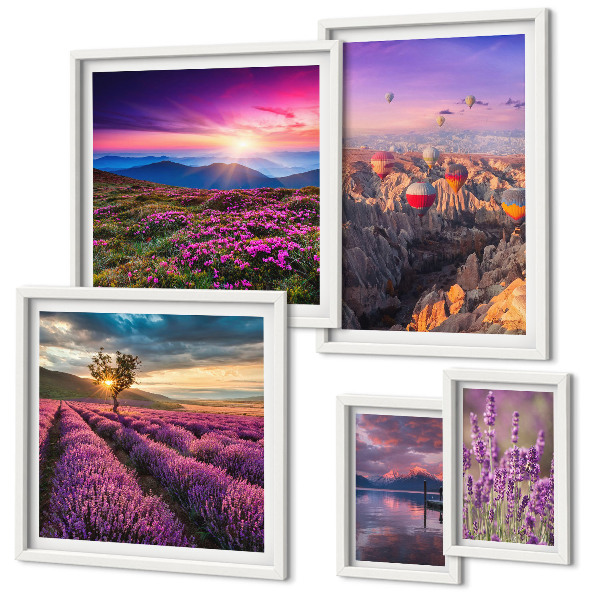 Conjunto de 5 quadros com moldura paisagem de balões de lavanda