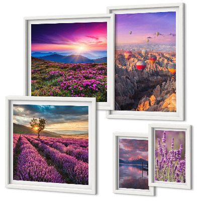 Conjunto de 5 quadros com moldura paisagem de balões de lavanda