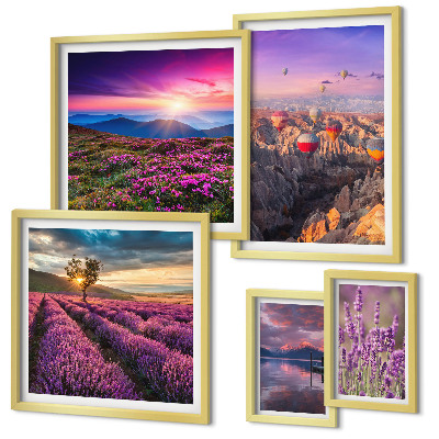 Conjunto de 5 quadros com moldura paisagem de balões de lavanda