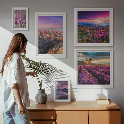 Conjunto de 5 quadros com moldura paisagem de balões de lavanda