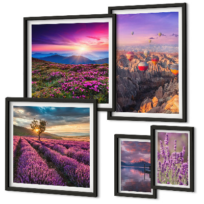 Conjunto de 5 quadros com moldura paisagem de balões de lavanda