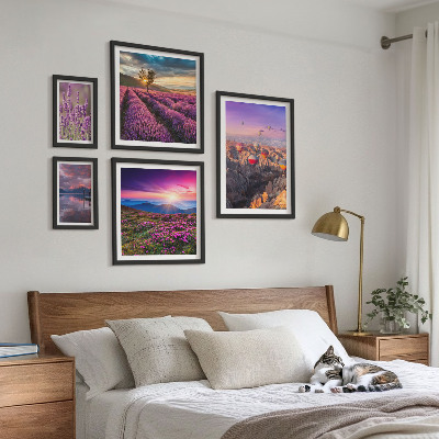 Conjunto de 5 quadros com moldura paisagem de balões de lavanda