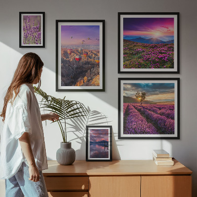 Conjunto de 5 quadros com moldura paisagem de balões de lavanda