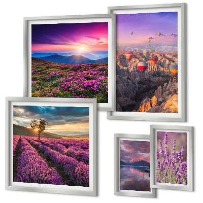 Conjunto de 5 quadros com moldura paisagem de balões de lavanda