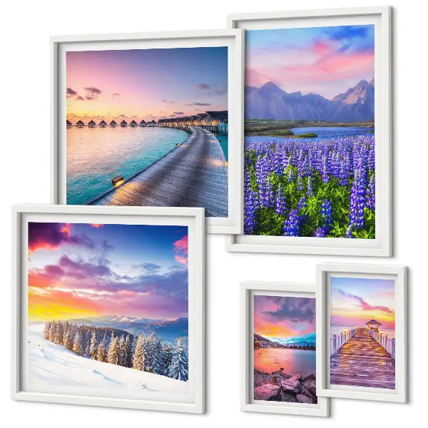 Conjunto de 5 quadros decorativos com paisagens de natureza e montanhas