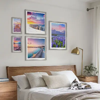 Conjunto de 5 quadros decorativos com paisagens de natureza e montanhas