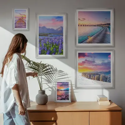 Conjunto de 5 quadros decorativos com paisagens de natureza e montanhas