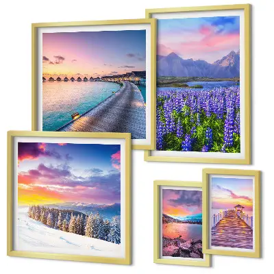 Conjunto de 5 quadros decorativos com paisagens de natureza e montanhas