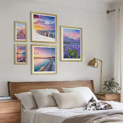 Conjunto de 5 quadros decorativos com paisagens de natureza e montanhas
