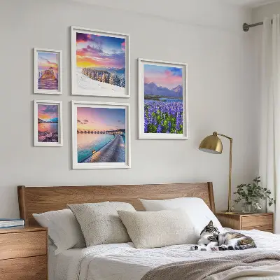 Conjunto de 5 quadros decorativos com paisagens de natureza e montanhas