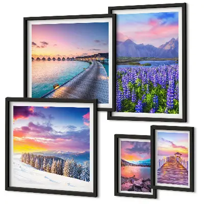 Conjunto de 5 quadros decorativos com paisagens de natureza e montanhas