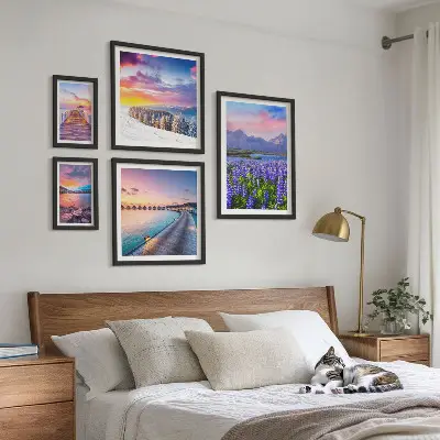 Conjunto de 5 quadros decorativos com paisagens de natureza e montanhas