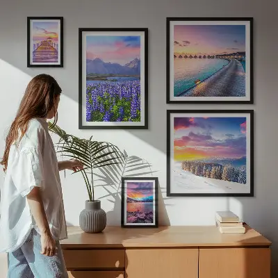 Conjunto de 5 quadros decorativos com paisagens de natureza e montanhas