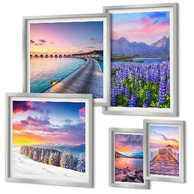 Conjunto de 5 quadros decorativos com paisagens de natureza e montanhas