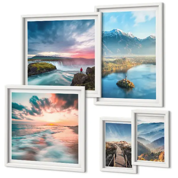 Galeria de parede com paisagens de montanhas e cachoeiras