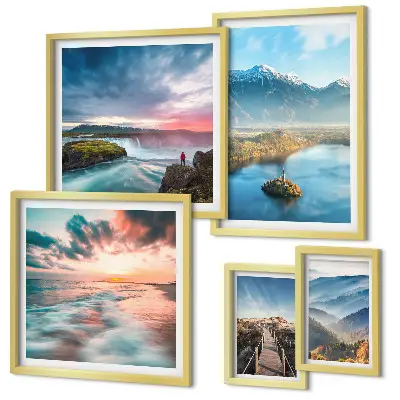Galeria de parede com paisagens de montanhas e cachoeiras