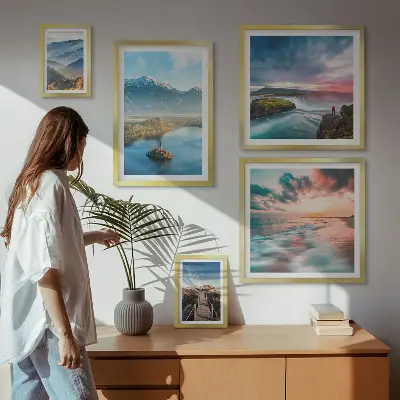 Galeria de parede com paisagens de montanhas e cachoeiras