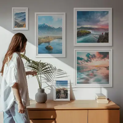 Galeria de parede com paisagens de montanhas e cachoeiras