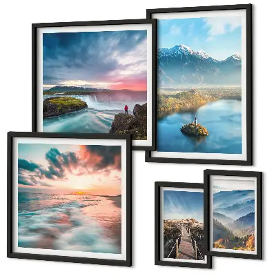 Galeria de parede com paisagens de montanhas e cachoeiras