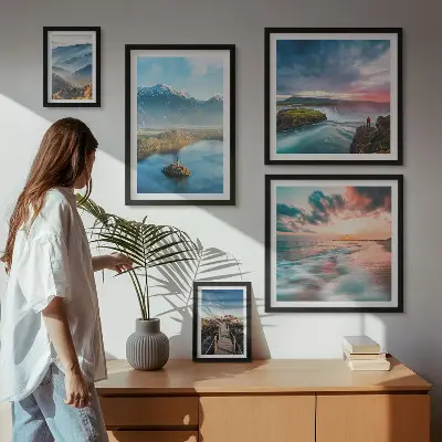 Galeria de parede com paisagens de montanhas e cachoeiras