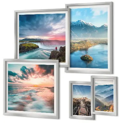 Galeria de parede com paisagens de montanhas e cachoeiras