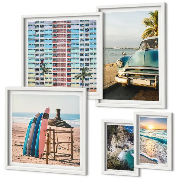 Conjunto de 5 quadros com moldura com temática de paisagens de praia elegantes