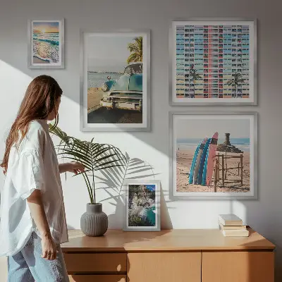 Conjunto de 5 quadros com moldura com temática de paisagens de praia elegantes