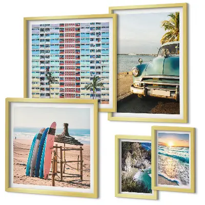Conjunto de 5 quadros com moldura com temática de paisagens de praia elegantes