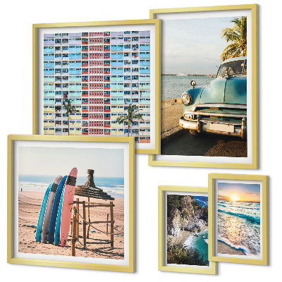Conjunto de 5 quadros com moldura Paisagens de praia elegantes