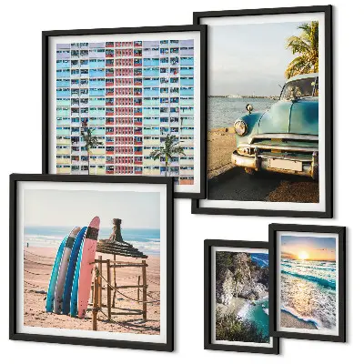Conjunto de 5 quadros com moldura com temática de paisagens de praia elegantes