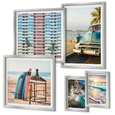 Conjunto de 5 quadros com moldura com temática de paisagens de praia elegantes