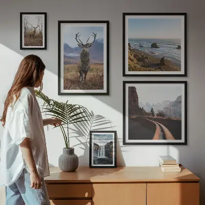 Galeria de parede com temática de natureza, animais selvagens e paisagens