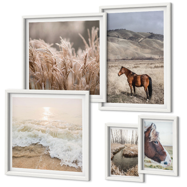 Conjunto de 5 quadros com moldura Paisagens com cavalos e água