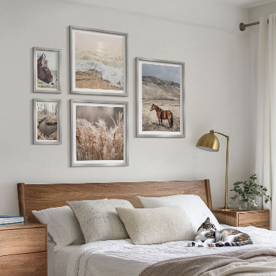 Conjunto de 5 quadros com moldura Paisagens com cavalos e água