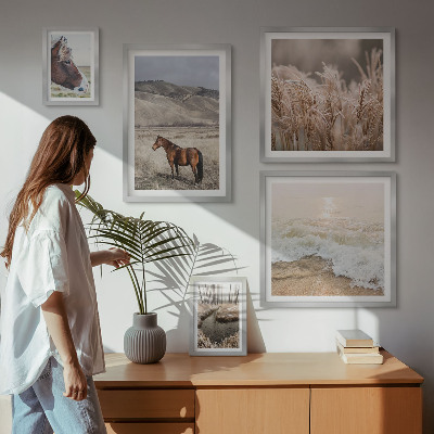 Conjunto de 5 quadros com moldura Paisagens com cavalos e água