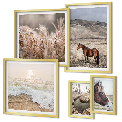 Conjunto de 5 quadros com moldura Paisagens com cavalos e água