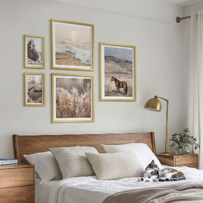 Conjunto de 5 quadros com moldura Paisagens com cavalos e água