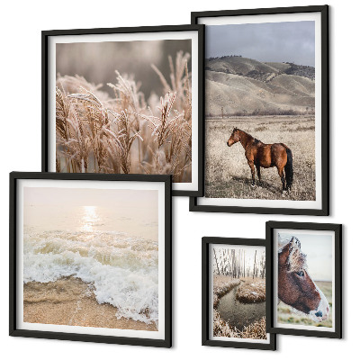 Conjunto de 5 quadros com moldura Paisagens com cavalos e água